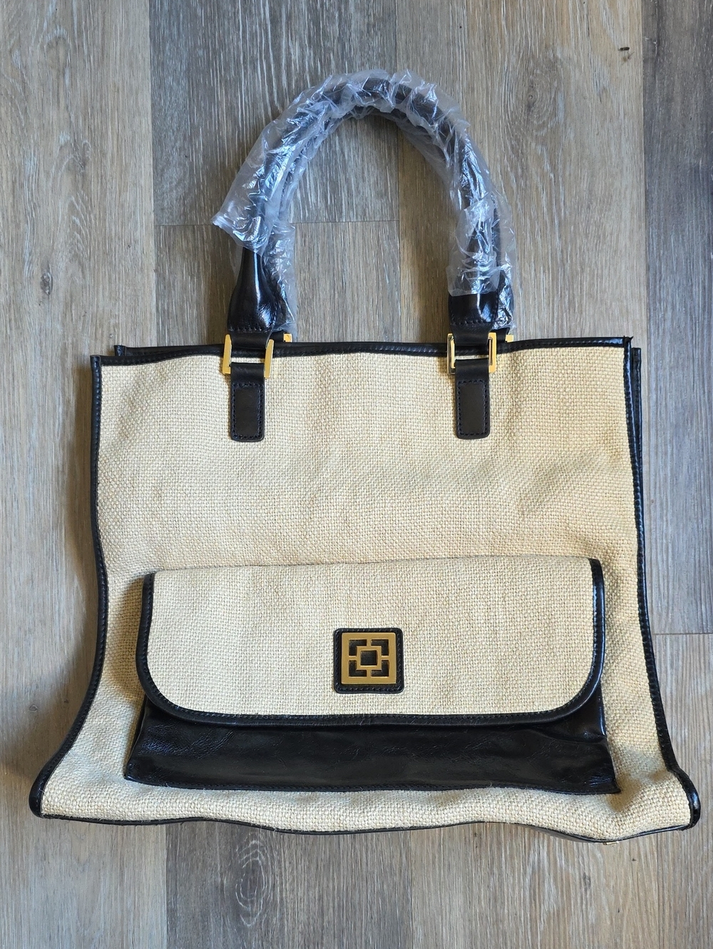 Trina Turk Beige and Black Tote with Front Flap Pocket
